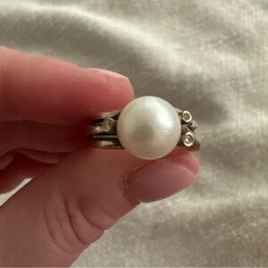 Pandora Whole Pearl Ring with Diamonds on side. Size 7